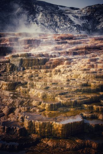 An aerial shot of the beautiful terraced pools at the Mammoth Hot Springs in Yellowstone National Park