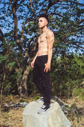 A vertical of a young Hispanic attractive shirtless male standing on the rock and posing in the park