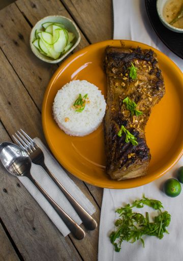 A vertical top view of a dish with rice and meat