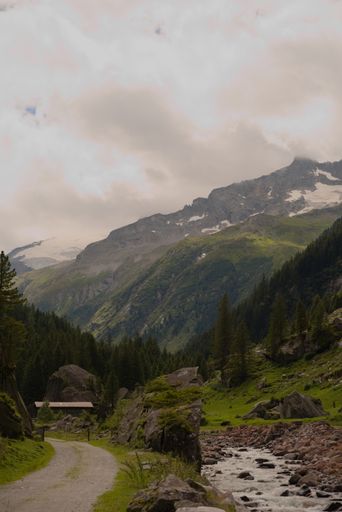 A vertical shot of a beautiful mountain landscape with a flowing stream