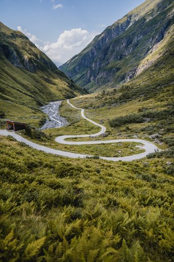 A vertical shot of a flowing thin stream through green mountains in the Austrian Alps