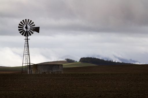 A beautiful shot of an agricultural field with a small barn and an old rusty windmill on the side