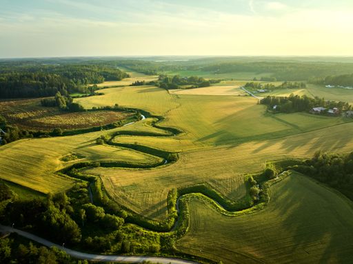 Aerial view of a scenic rural landscape with winding river and lush green fields under a clear sky.