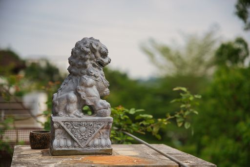 A closeup shot of a Chinese lion sculpture