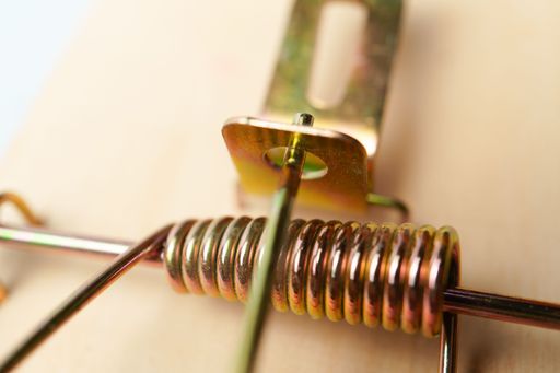 Close-up of a mousetrap, highlighting the metal spring and trigger mechanism, ready to snap