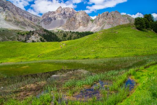 The beautiful view of the lake of the village of Queyras regional park