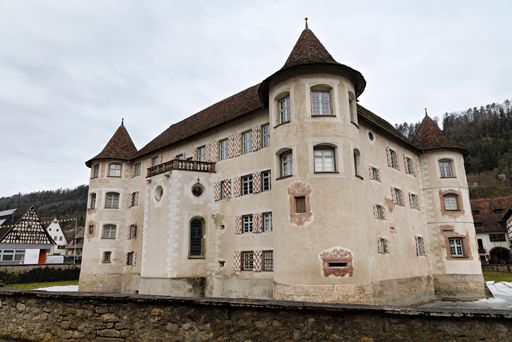 Historic European castle with round towers and rustic facade, set in a quaint village landscape under overcast skies.