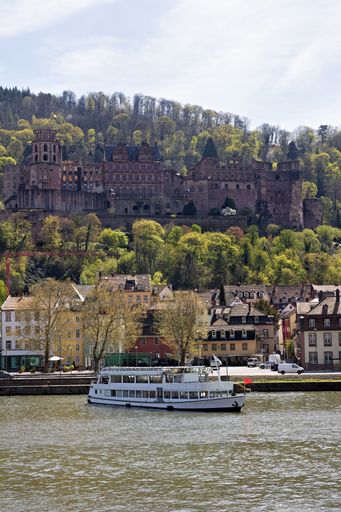 A scenic view of Heidelberg Castle above the Neckar River with a cruise boat and charming houses