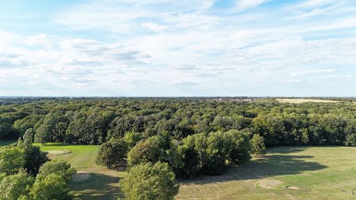 Aerial view of a lush green forest and open field under a bright blue sky, showcasing nature's beauty.