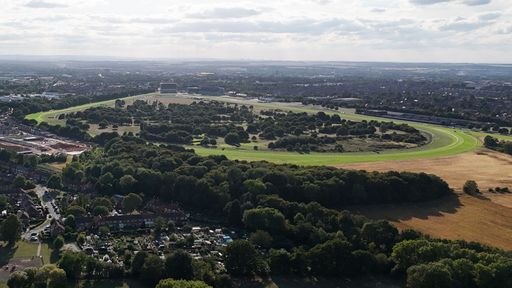 Aerial view of a lush green racecourse surrounded by trees and a cityscape under a partly cloudy sky.