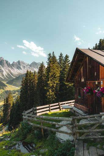 Charming alpine cabin with vibrant flowers, surrounded by lush forest and majestic mountains under a clear blue sky.