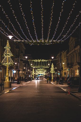 A vertical shot of a city with beautiful Christmas decorations