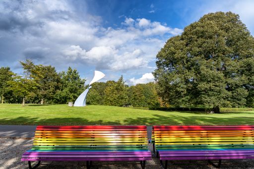 The gay rights monument in The Hague with rainbow bench in the front