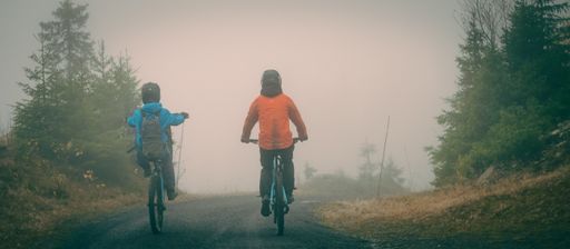 A rear view of two cyclists riding bikes in the park on a cold foggy day