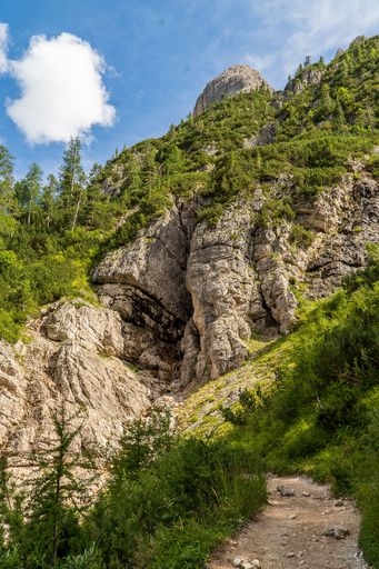 A scenic mountain path with lush greenery and rocky formations under a bright blue sky in a natural setting.