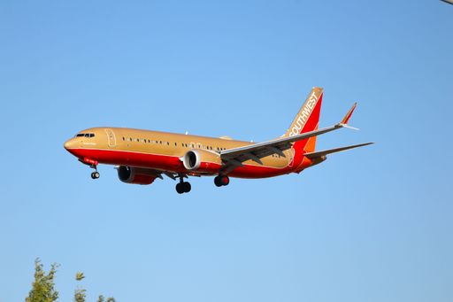 A Southwest Airlines Boeing 737 MAX 8 in retro livery lands at San Jose airport.