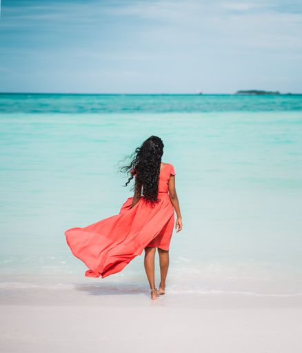 A vertical back view of a female in a pink dress on a windy shore