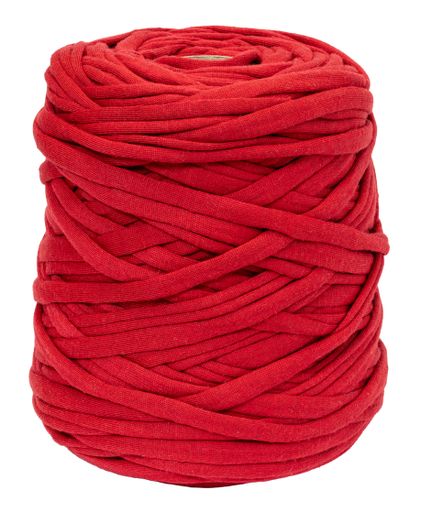 large ball of red t-shirt yarn isolated on white background