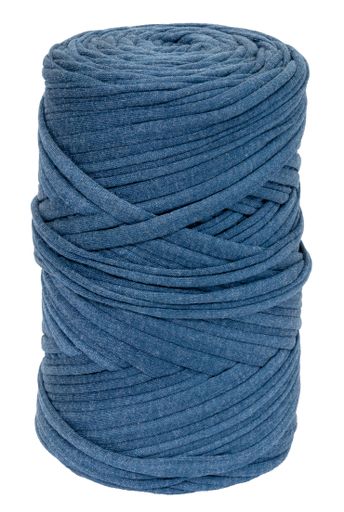 large ball of blue t-shirt yarn isolated on white background
