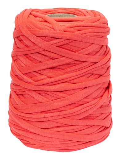 large ball of light red t-shirt yarn isolated on white background