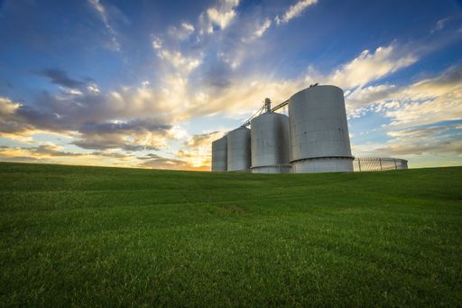 The industrial silos on a lush green field under a vibrant sky at sunset, showcasing rural industry