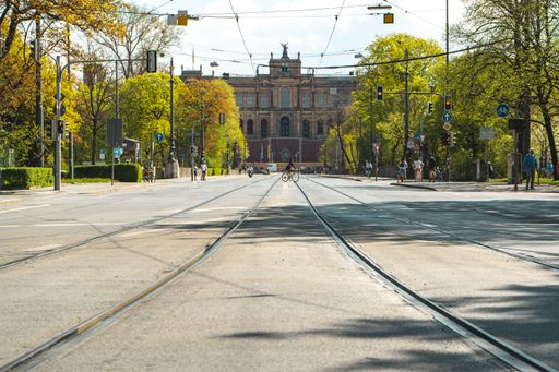 Due to the coronavirus pandemic (covid-19), the normally busy Maximilianstraße, a well-known shopping street in the centre of Munich is empty.