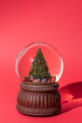 A vertical closeup of the snow globe with the Christmas tree. Christmas decoration.