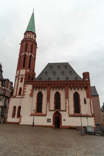 A vertical shot of the old St Nicholas Church in Frankfurt, Germany