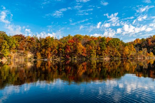 The calm lake against the cloudy sky in autumn in West Virginia