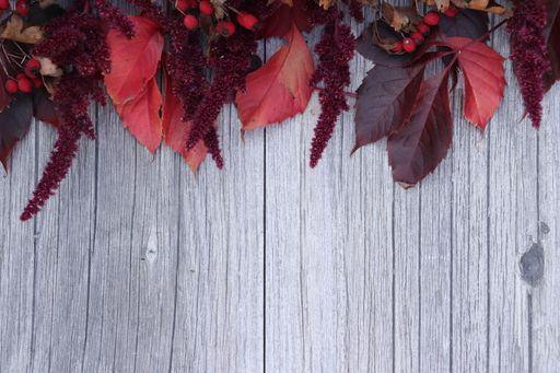 A top view of decorative red leaves on a wooden gray grungy table - copy space, space for text