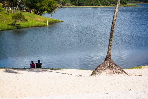 Salvador, Bahia, Brazil - August 17, 2014: Couple enjoying and relaxing in front of the beautiful landscape of Parque de Pituacu. 