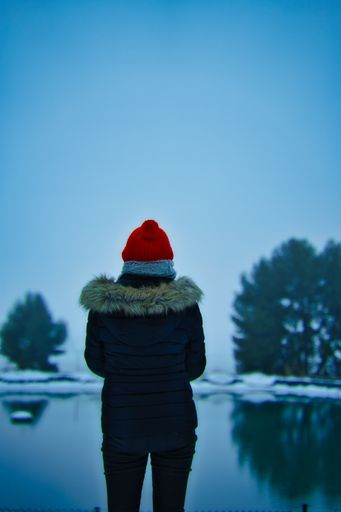 A vertical back view of a female looking at an icy lake in a forest