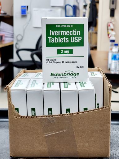 A carton box of covid pills and drugs as stomectol 3mg and ivermectin