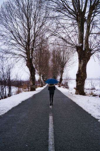 A vertical shot of a woman with an umbrella standing in the middle of the road.
