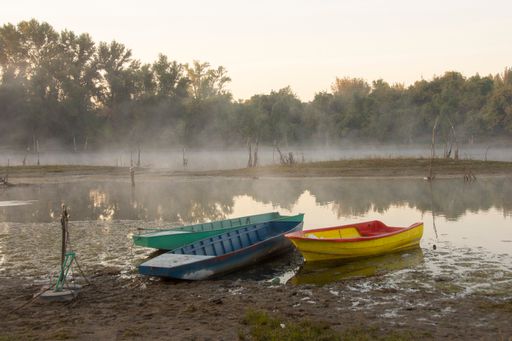 The boats on the riverbank with morning mist