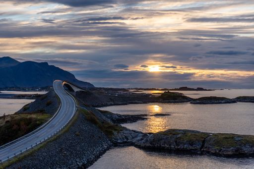 A fantastic shot of an Atlantic road in Norway in the sunset.