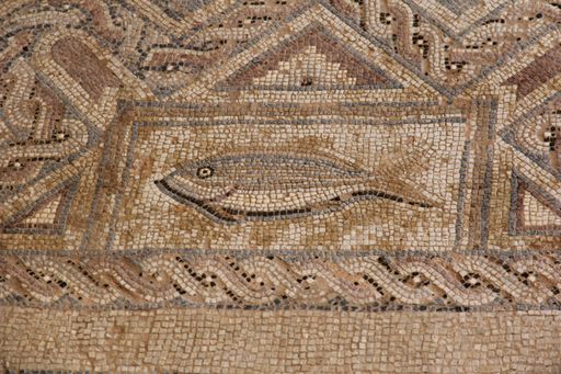 An old ancient mosaic floor with designed fish, Cyprus.