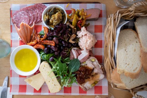 A top view shot of a mixed platter featuring local delicacies from the King Valley in Australia