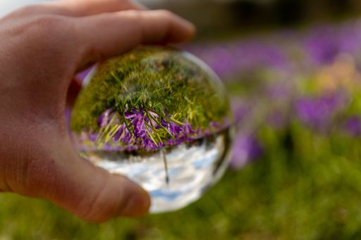 A selective focus shot of a human hand holding a glass sphere