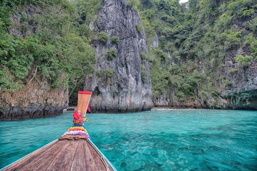 The view of the Blue Lagoon from a long-tail boat in southern Thailand.