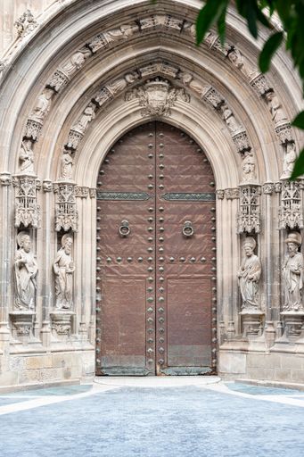 A closeup shot of a wooden door of The Cathedral Church of Saint Mary in Murcia in Spain
