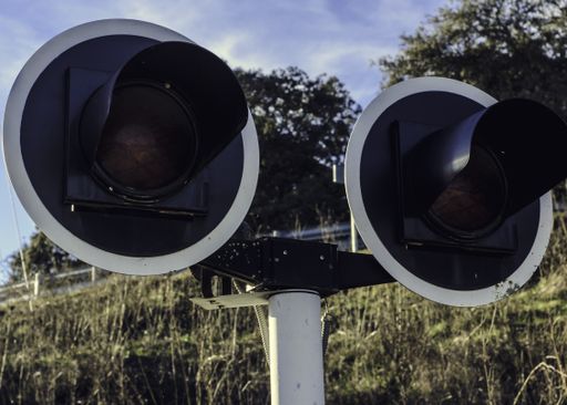 A closeup of two traffic lights against a dry grass and greenery