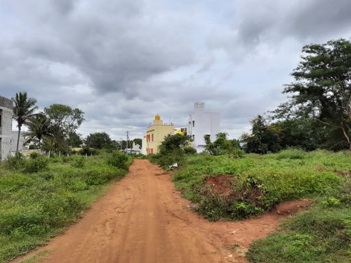 A muddy road through a rural area in India on a cloudy day