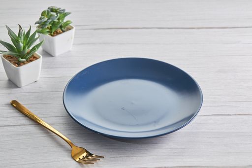 A closeup shot of an empty dark blue plate, a fork, and plants on pots