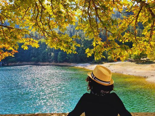 A beautiful view of a woman from behind admiring the autumn colors of the lake