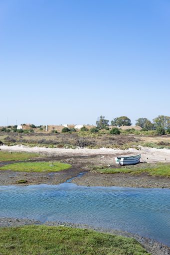 Abandoned boat at the mouth of a river, copy space
