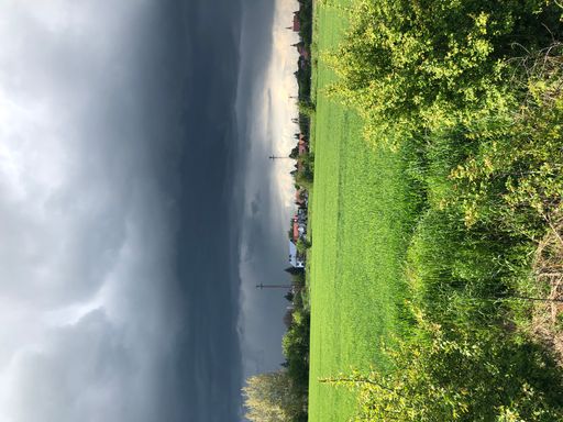 A vertical shot of a gloomy spring day in the countryside with lush greenery under the cloudy sky