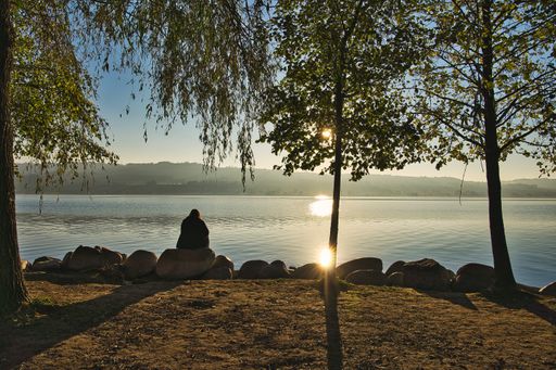 A scenic shot of a man from behind sitting at the shore of a lake and a mountain in the background