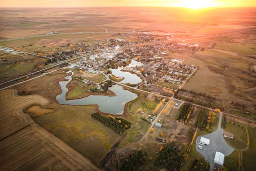 An aerial of a small town in the Saskatchewan province in Canada