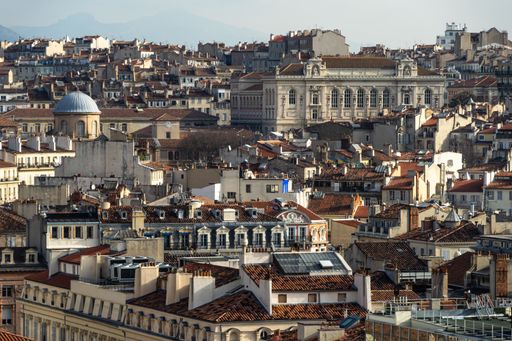 An aerial beautiful shot of rooftops and buildings in Marseille, France